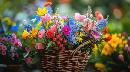 A close-up view of a basket filled with spring flowers, ready to be handed out during a May Day celebration, with the focus on the variety and brightness of the flowers - obrazy, fototapety, plakaty