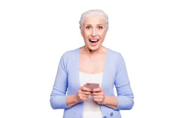 Modern granny! Beautiful nice gray-haired excited old lady business woman wearing casual, received winning notification in smartphone. Isolated over pastel violet purple background
