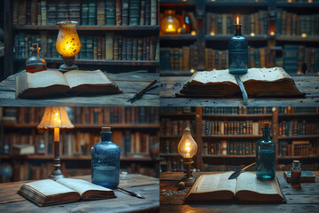 World Poetry Day, Thick book that was left open It was placed on a wooden table with a lamp glowing softly