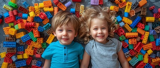 Playful preschoolers play with blocks made of colorful plastic. Creative kindergarteners build a...
