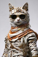 Illustrated Portrait: Cat Character Dressed in Mummy Costume and Bandages, Wearing Sunglasses