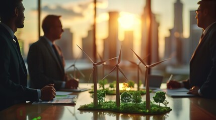 Businessmen having a meeting in office with windmill models on table. Windmill model on table.