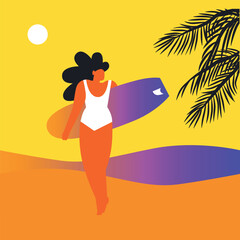 Hello Summer. Woman on the beach, car, skate, bike. Vector set illustration