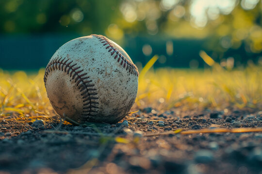 Old baseball on the field ground, selective focus