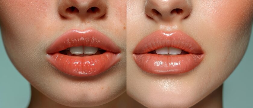 Comparison of women lips correction before and after hyaluronic acid injection. Using Hyaluronic acid injection and no injection. Procedure for treating natural lips shape. Lip augmentation.