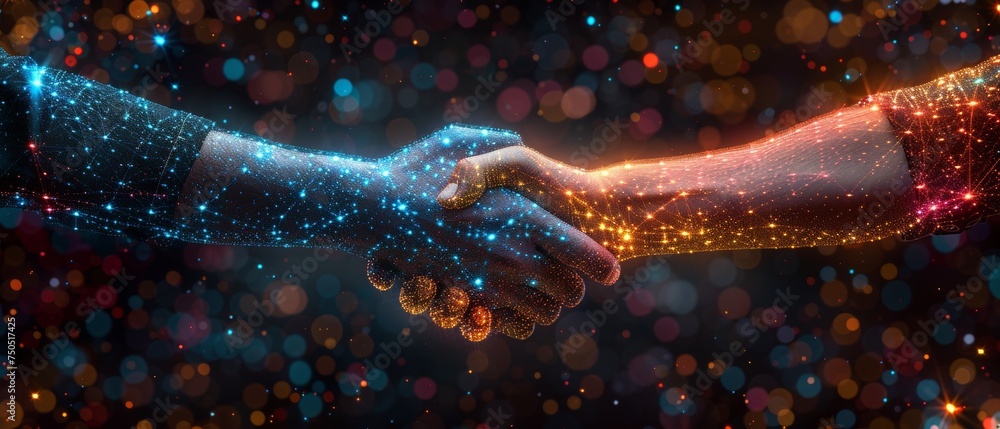 Poster an abstract representation of a business handshake in the form of a starry sky, including planets, s