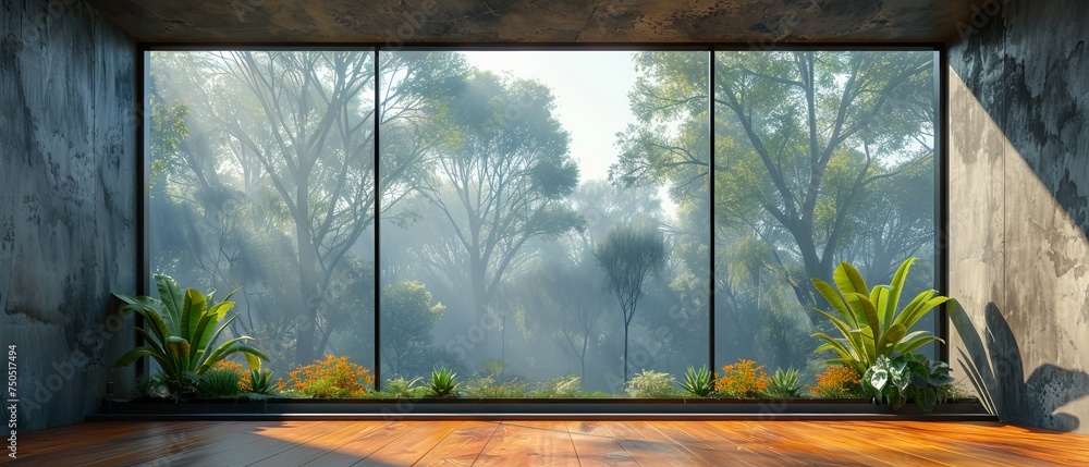 Poster 3d render of an empty concrete room with a large window and a natural background.