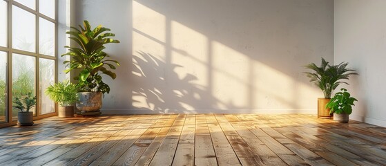 This mock-up shows a white empty room with a wood laminate floor and a sunlit shadow on the wall. This is a perspective of minimal interior design represented in 3D.