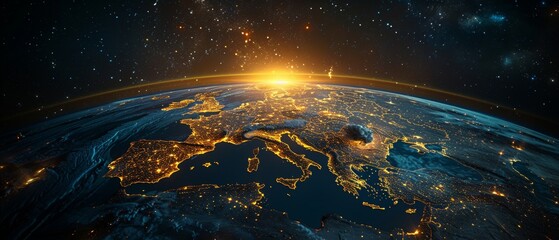 View of Europe at night from space with city lights showing human activity in Germany, France, Spain, Italy, and other countries. - obrazy, fototapety, plakaty