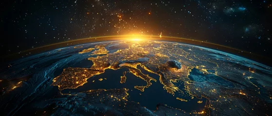 Foto auf Leinwand View of Europe at night from space with city lights showing human activity in Germany, France, Spain, Italy, and other countries. © Zaleman