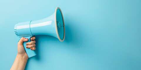 Hand holding a light blue megaphone on light blue background, hiring, advertising, announce, banner concept - obrazy, fototapety, plakaty