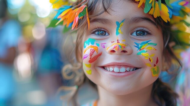 a child's face, painted with spring-themed designs, smiling joyfully at the camera, with a blurred background of the May Day festival, showcasing the joy and innocence of the celebration.