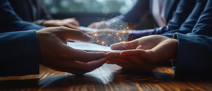 Team brainstorming business strategy at table with futuristic 3d image in the air. Virtual reality. - Powered by Adobe