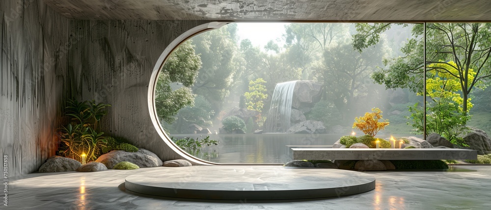Poster Render of an empty concrete room with a large circle window and a round podium for presenting products against a natural background.
