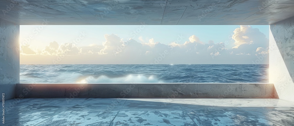 Poster The 3D rendering of the empty concrete room has a large window with the sea in the background.