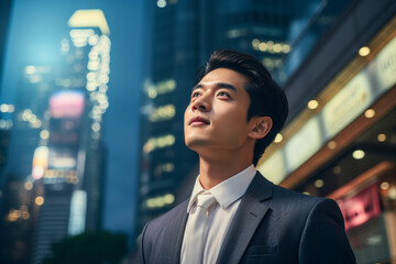 Confident Asian businessman standing in modern big city looking and dreaming of future business success, leadership concept.