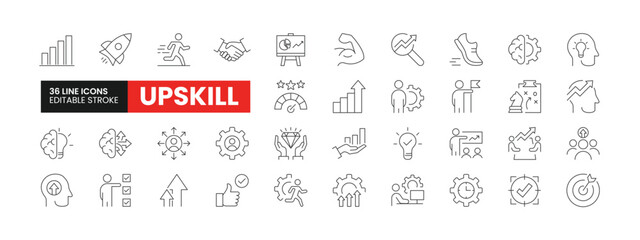 Set of 36 Upskill line icons set. Upskill outline icons with editable stroke collection. Includes Progress, Growth, Strategy, Managing, Target, and More.