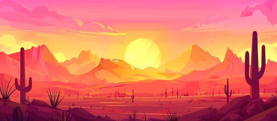Beautiful illustration of warm western desert sunset with mountains landscape. AI generated image - obrazy, fototapety, plakaty