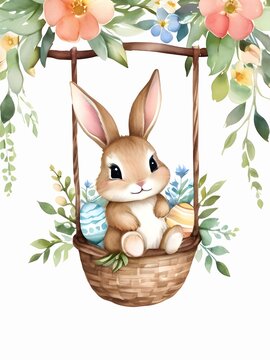Cute easter bunny sitting in basket of eggs and spring flowers. Watercolor illustration for design, greeting card, template, wallpaper, artwork