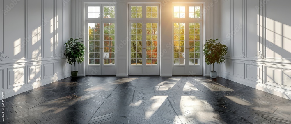 Poster The architecture of a blank space in an empty white room with dark laminate flooring. It is in a classic style.