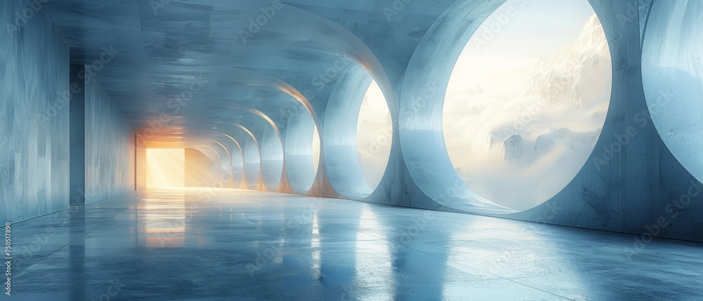 Aufkleber the 3d render shows an abstract futuristic glass building with an empty concrete floor.