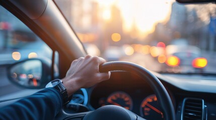 View from the driver's seat capturing hands on the steering wheel with the glow of a sunset during a commute