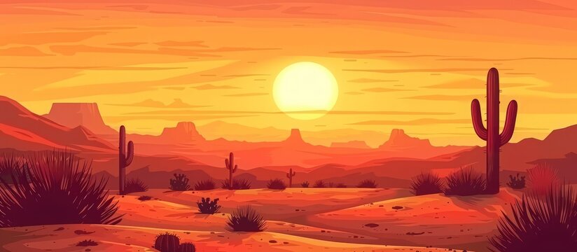 Beautiful illustration of warm western desert sunset with mountains landscape. AI generated image