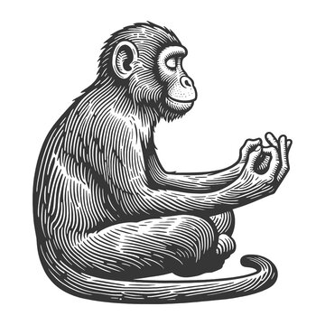 thoughtful meditating monkey in seated position sketch engraving generative ai raster illustration. Scratch board imitation. Black and white image.