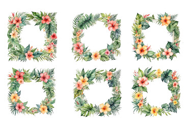 set of 6 frames with tropical leaves and flowers, suitable for invitations and greeting cards