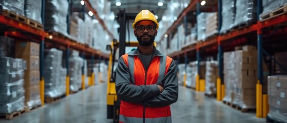 Portrait of warehouse worker in safety helmet and vest. Warehouse forklift driver. Storage manager. - obrazy, fototapety, plakaty