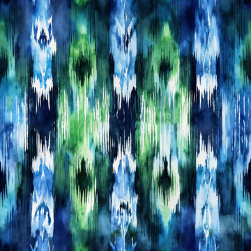 Ikat blue and green watercolor seamless pattern