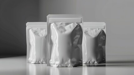 Three blank white packages with copy space for text. Three blank white bags on isolated background.
