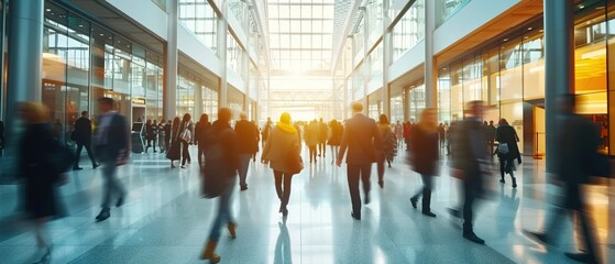 Busy office corridor during rush hour. Office filled with people. Motion blur of modern workspace.