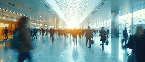 Busy airport terminal during rush hour. Airport filled with people. Motion blur photo of crowd. - obrazy, fototapety, plakaty