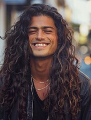 A charming man with long, wavy hair flashes a radiant smile, capturing the essence of urban style and happiness. - obrazy, fototapety, plakaty