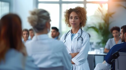 Female doctor presents to healthcare workers. Experts attend education event in boardroom.