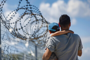  Hispanic man holds a child in his arms, an illegal immigrant stands against the backdrop of barbed wire on the border between Mexico and America. emigration crisis in America and Texa