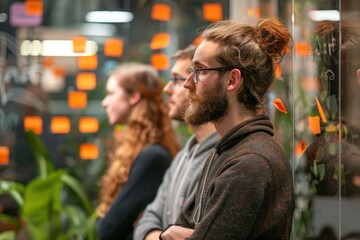 Creative Team Brainstorming with Sticky Notes. A diverse group of professionals brainstorming with sticky notes on a glass wall in a modern office. Business team concept.