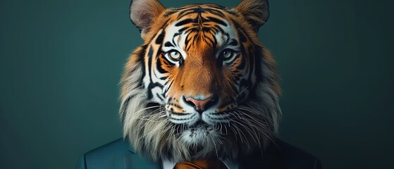 Portrait of tiger in a business suit. Humanlike tiger in a tuxedo on isolated background. - obrazy, fototapety, plakaty