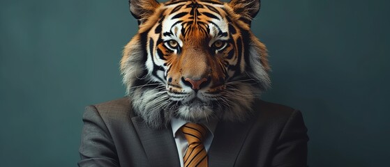 Tiger dressed in a suit standing on isolated background. Photo of tiger in a nice tuxedo. - obrazy, fototapety, plakaty