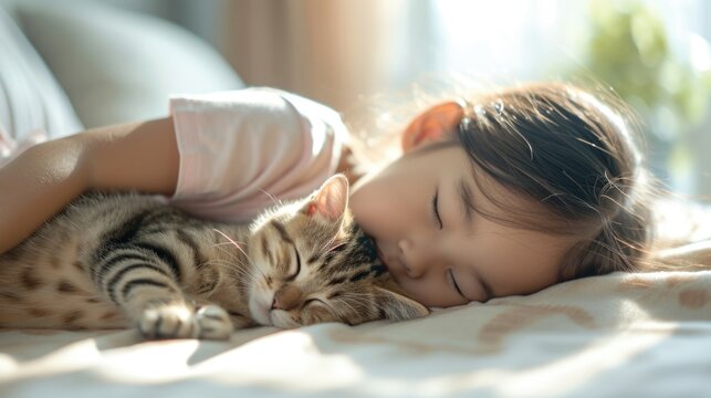 girl sleeping on the bed, a little girl and a baby cat sleeping quietly on the bed, a cat is sleeping on the bed, sunlight from the window, natural light