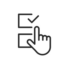 Hand Selecting Choice Icon, Interactive Voting and Decision Making Vector Thin Line Symbol. Touchscreen Ballot Selection for Civic Participation and Polling Sign.