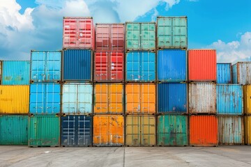 Fototapeta premium Shipping containers in various colors under a dramatic sunset sky, emphasizing global trade