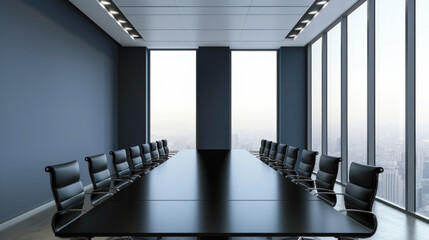 A conference room equipped with a generously sized table and numerous seats to accommodate meetings...