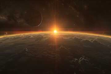 A space habitat orbiting a binary star system, with stunning double sunsets. Amber light fills the atmosphere as the sun rises over the Earth in space