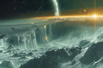A space colony nestled within the rings of a gas giant, protected from radiation. A painting of a...