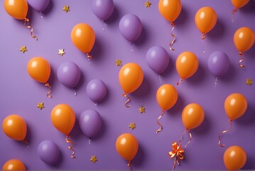 orange balloons and a crinfette on a purple background of a postcard with a place for text
