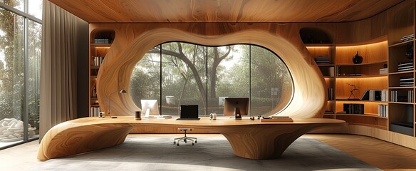 Modern office workspace with creative design. Abstract wooden office interior design.