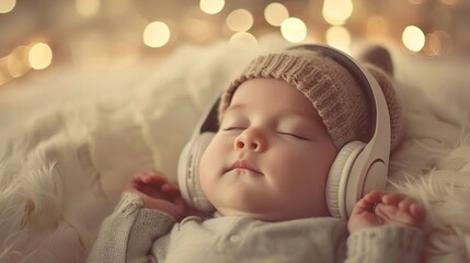 A peaceful sleeping baby wearing headphones, implying a love for music, with a warm bokeh light background.