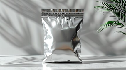 Blank silver package with copy space for text. Bank pouch on isolated background. Mockup of pouch.